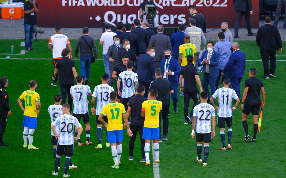 Players leave the area after the World Cup Qualifier game between Brazil and Argentina at Arena Corinthians - Getty Images