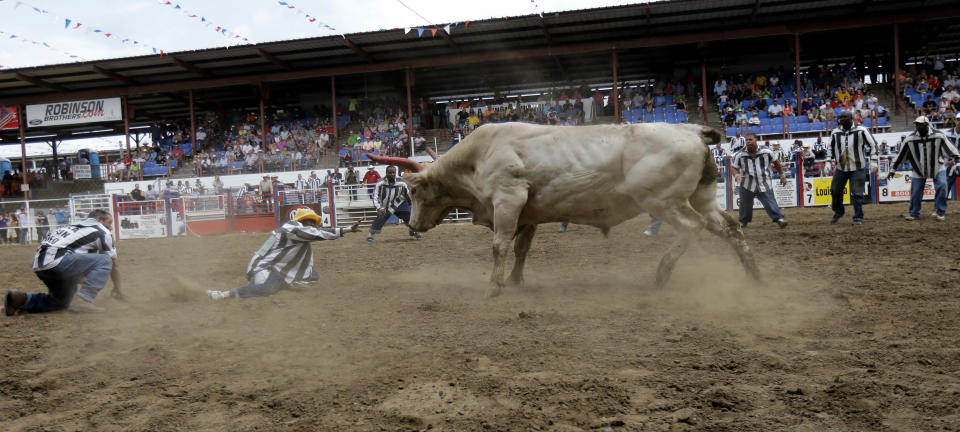 Inmates participate in the Angola Prison Rodeo in Angola, La., Saturday, April 26, 2014. Louisiana’s most violent criminals, many serving life sentences for murder, are the stars of the Angola Prison Rodeo, the nation’s longest-running prison rodeo that this year celebrates 50 years. The event has grown from a small “fun” event for prisoners into big business, with proceeds going into the Louisiana State Penitentiary Inmate Welfare Fund for inmate education and recreational supplies. (AP Photo/Gerald Herbert)