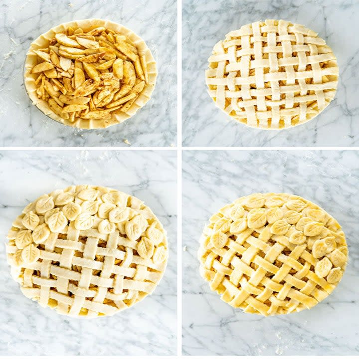 Stages of apple pie being made and crust being formed