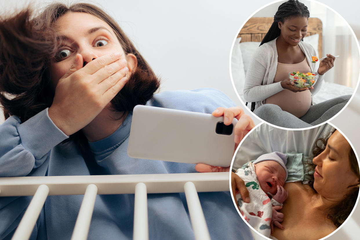 Woman looking into crib while holding phone