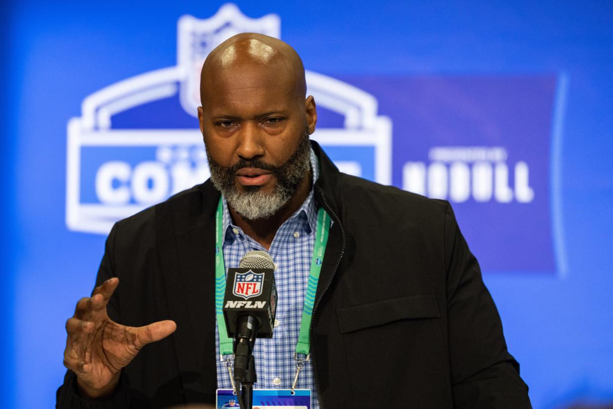 Detroit Lions executive vice president and general manager Brad Holmes speak with media at the NFL combine at Indiana Convention Center, Feb. 27, 2024 in Indianapolis.