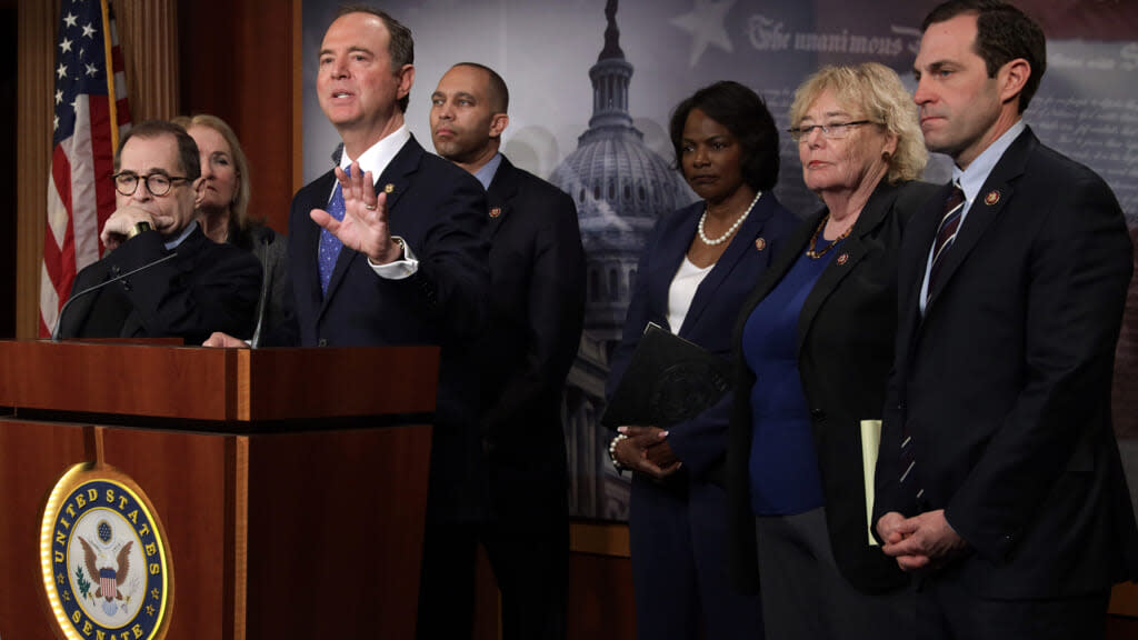 (L-R) Rep. Jerry Nadler (D-NY), Rep. Sylvia Garcia (D-TX), Rep. Adam Schiff (D-CA), Rep. Hakeem Jeffries (D-NY), Rep. Val Demings (D-FL), Rep. Zoe Lofgren (D-CA) and Rep. Jason Crow (D-CO) hold a news conference. (Photo by Alex Wong/Getty Images)