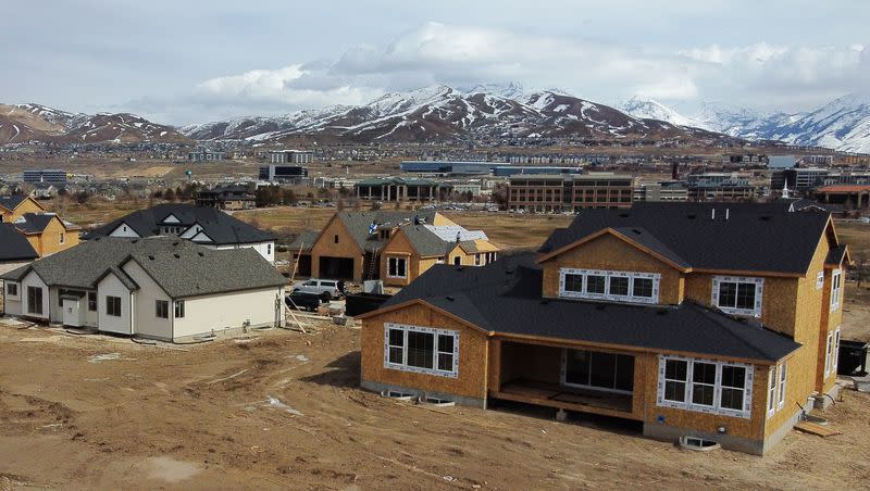 Houses under construction near Thanksgiving Point and Silicon Slopes in Lehi on Tuesday, March 14, 2023.