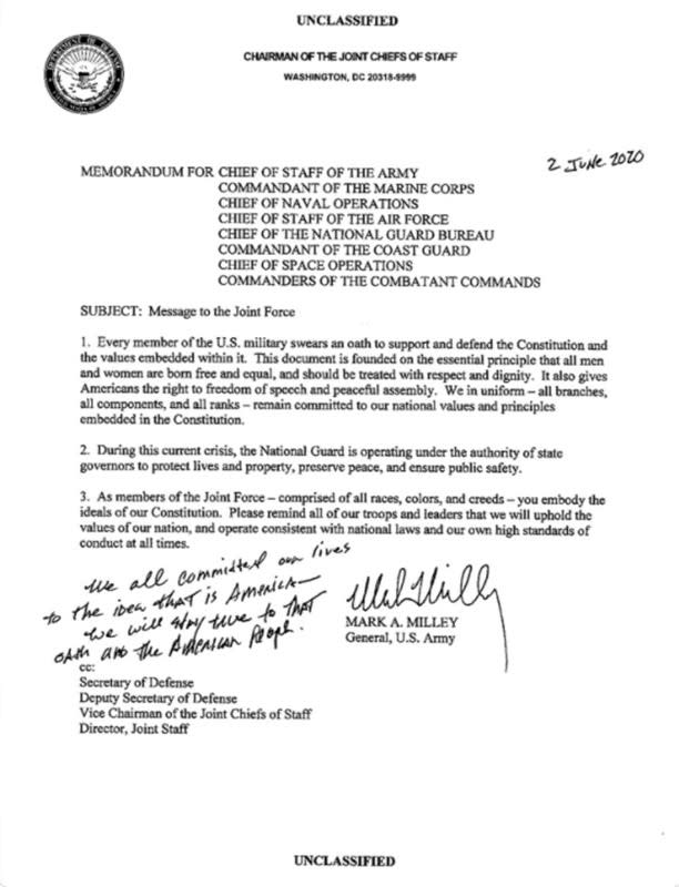 Handout photo of a letter by Chairman of the Joint Chiefs of Staff Mark A. Milley