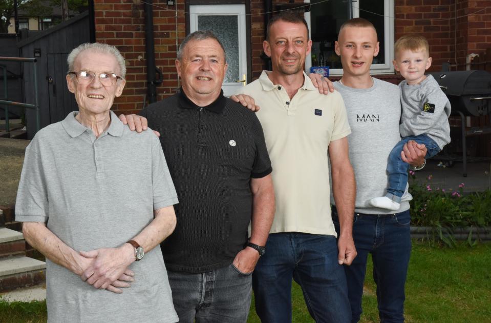 Meet the Clark men from Sheffield - [L to R] Neville Snr, 86, Neville, Jnr,  Lee, Danny, 21 and Archie 2. (Caters)
