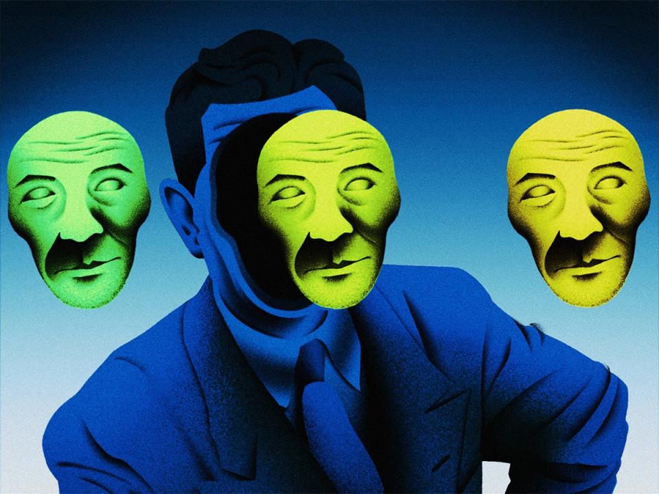 A man with three different color masks floating in front of him with a primarily blue background
