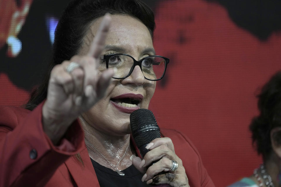 FILE - Liberty and Refoundation Party presidential candidate Xiomara Castro speaks to supporters after general elections in Tegucigalpa, Honduras, Nov. 28, 2021. The prospects of Castro governing with support of a solid congressional majority has taken a hit before she's even been inaugurated. (AP Photo/Moises Castillo, File)