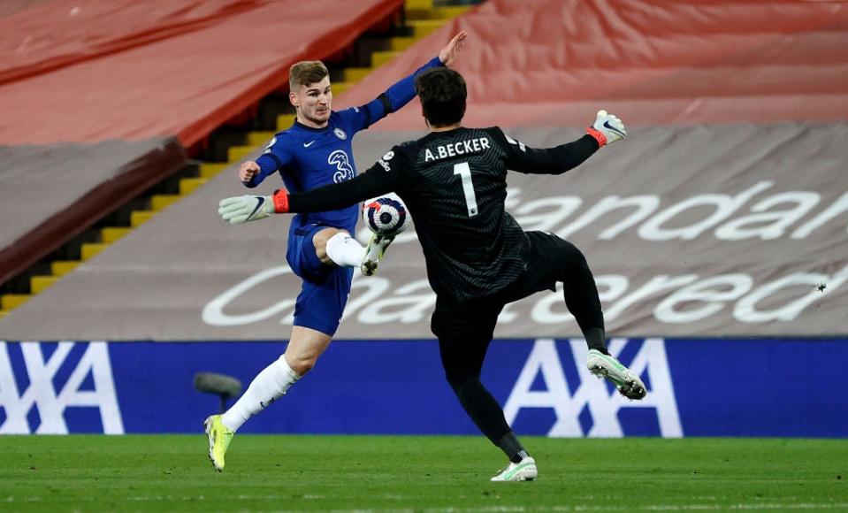 Timo Werner taps the ball past AlissonGetty