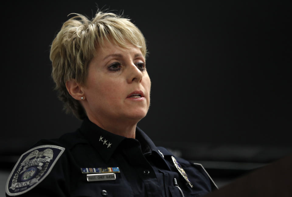 North Las Vegas Police Department Assistant Chief Pamela Ojeda responds to questions during a news conference in North Las Vegas Friday, Nov. 2, 2018. An 11-year-old girl was killed when suspected gang members opened fire into the wrong house on Thursday night, in North Las Vegas, she said. (Steve Marcus/Las Vegas Sun via AP)