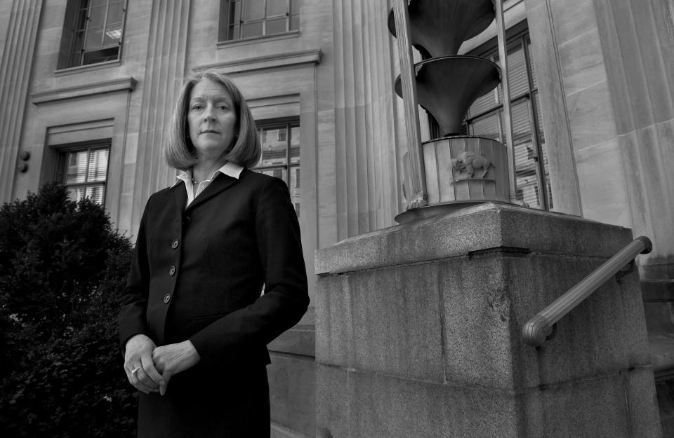 Mary McCord poses outside the Department of Justice.