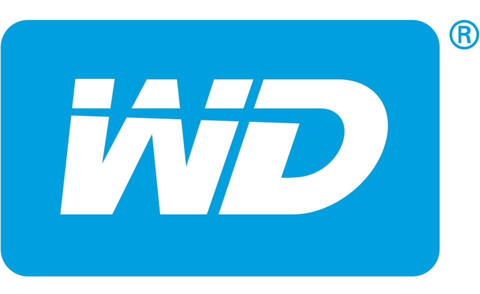 Western Digital logo of white letters spelling WD on a blue background.