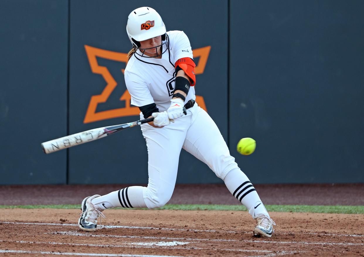 Oklahoma State's Caroline Wang (66) hits a single during the college softball game between the Oklahoma State University Cowgirls and the UCF Knights in Stillwater, Okla., Friday, March 15, 2024.