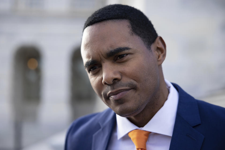 Rep. Ritchie Torres, D-N.Y., speaks with reporters outside the Capitol on Nov. 17, 2022. (Francis Chung / Politico via AP)