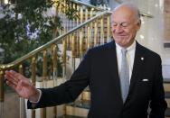 U.N. Special Envoy for Syria Staffan de Mistura gestures as he arrives to attend the talks on Syrian peace in Astana, Kazakhstan, Tuesday, Jan. 24, 2017. The face-to-face meeting in Kazakhstan's capital is the latest in a long line of diplomatic initiatives aimed at ending the nearly 6-year-old civil war. (AP Photo/Sergei Grits)