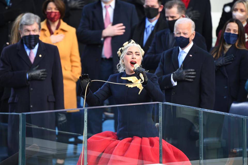 Lady Gaga performs the National Anthem during the 2021 Presidential Inauguration of President Joe Biden and Vice President Kamala Harris at the U.S. Capitol.