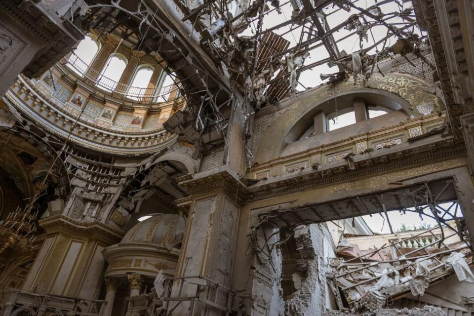 The destruction caused to the Transfiguration Cathedral in Odesa, Ukraine, by the Russian missile attack on July 23, 2023. (Photo by OLEKSANDR GIMANOV/AFP via Getty Images)