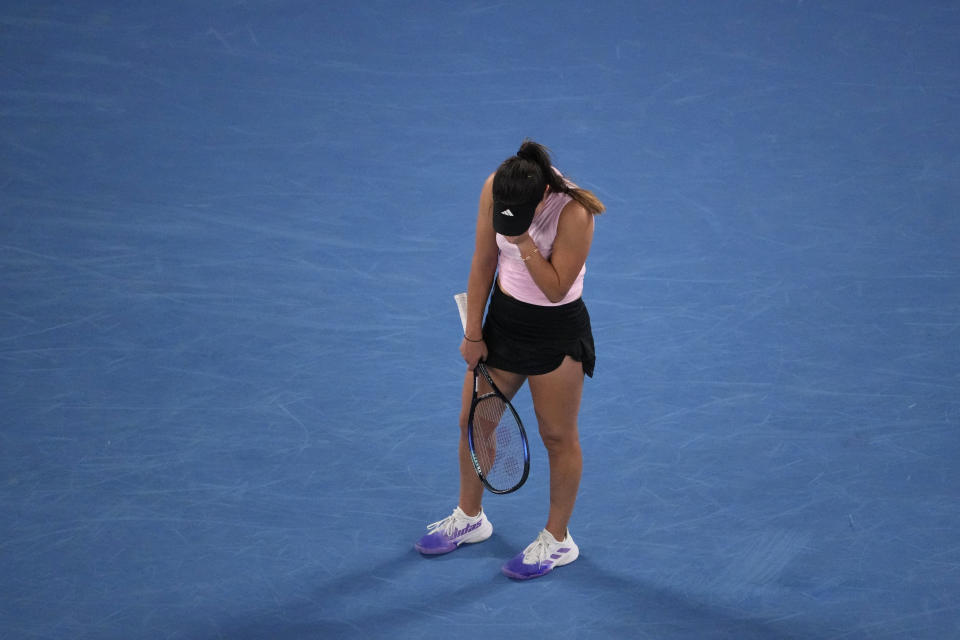 Jessica Pegula of the U.S. reacts after losing a point to Victoria Azarenka of Belarus during their quarterfinal match at the Australian Open tennis championship in Melbourne, Australia, Tuesday, Jan. 24, 2023. (AP Photo/Dita Alangkara)