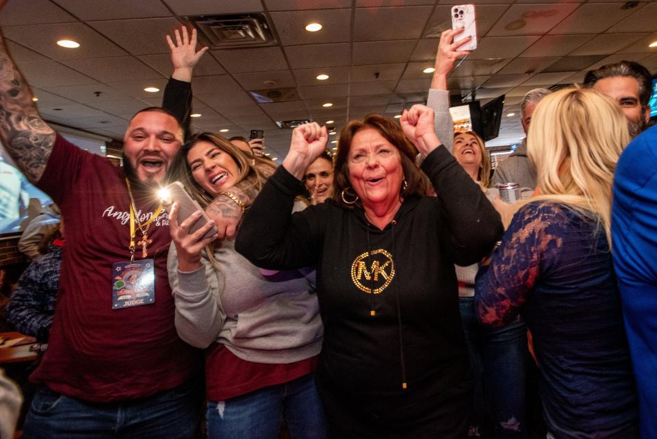 Pizzabowl II is old at Redd's in Carlstadt, NJ on Saturday Feb. 05, 2022. A group of 16 pizzerias compete in five rounds to name the best pizza in New Jersey. Fans cheer as Angeloni's in Caldwell wins a trophy. 