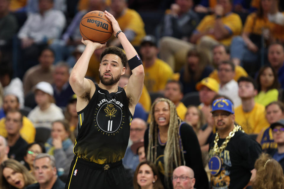 SAN FRANCISCO, CALIFORNIA - MAY 02: Klay Thompson #11 of the Golden State Warriors attempts a three point basket during the fourth quarter against the Los Angeles Lakers in game one of the Western Conference Semifinal Playoffs at Chase Center on May 02, 2023 in San Francisco, California. NOTE TO USER: User expressly acknowledges and agrees that, by downloading and or using this photograph, User is consenting to the terms and conditions of the Getty Images License Agreement. (Photo by Ezra Shaw/Getty Images)