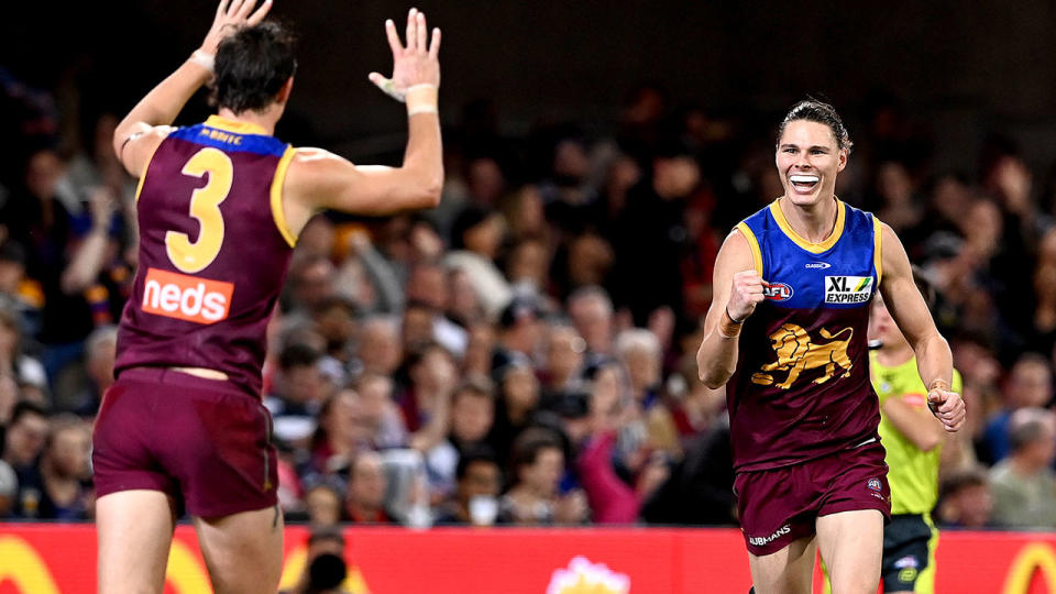 Eric Hipwood, pictured here celebrating a goal with teammate Joe Daniher.