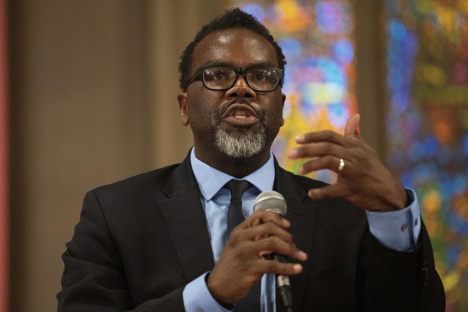 FILE - Cook County Commissioner Brandon Johnson participates in a forum with other Chicago mayoral candidates hosted by the Chicago Women Take Action Alliance Jan. 14, 2023, at the Chicago Temple in Chicago. Lori Lightfoot made history four years ago as the first Black woman and first openly gay person to serve as Chicago mayor. But her bid for a second term is in question amid concerns about continuing high crime in the nation’s third-largest city and accusations that she can be overly hostile and sometimes flat-out mean. (AP Photo/Erin Hooley, File)