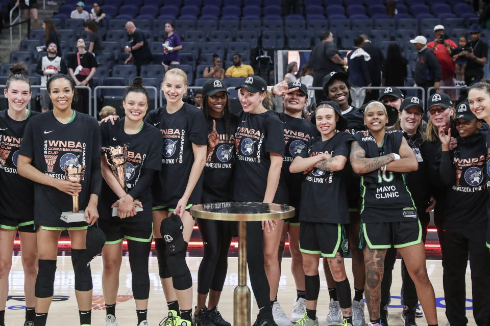 Jun 25, 2024; Belmont Park, New York, USA;  The Minnesota Lynx celebrate after defeating the New York Liberty 94-89 to win the WNBA Commissioner’s Cup Championship at UBS Arena. Mandatory Credit: Wendell Cruz-USA TODAY Sports