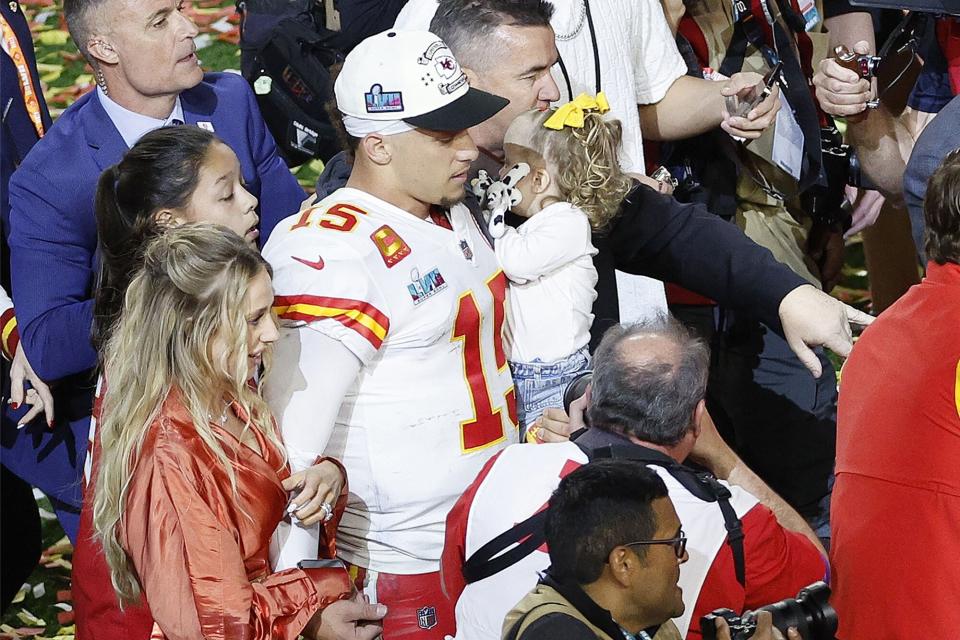 Kansas City Chiefs quarterback Patrick Mahomes carries his daughter Sterling as he walks with his wife Brittany (L) after defeating the Philadelphia Eagles in Super Bowl LVII between the AFC champion Kansas City Chiefs and the NFC champion Philadelphia Eagles at State Farm Stadium in Glendale, Arizona, 12 February 2023. The annual Super Bowl is the Championship game of the NFL between the AFC Champion and the NFC Champion and has been held every year since January of 1967. Super Bowl LVII Kansas City Chiefs at Philadelphia Eagles, Glendale, USA - 12 Feb 2023