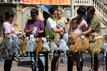 Visitors check on souvenirs displayed at a stall at the Siberia Tiger Park in Harbin, Heilongjiang province China August 5, 2018. Picture taken August 5, 2018. REUTERS/Stringer