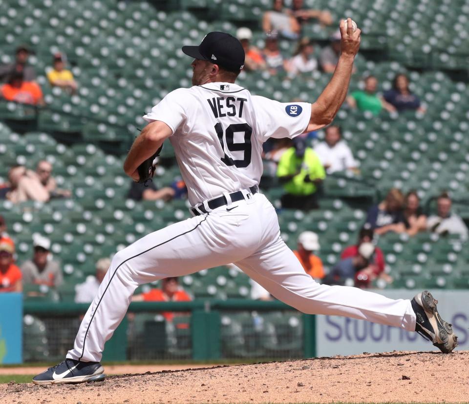 Tigers pitcher Will Vest pitches against the Athletics during the seventh inning of the Tigers' 5-3 loss on Thursday, May 12, 2022, at Comerica Park.