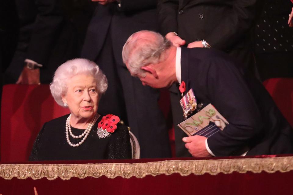 <p>Prince Charles takes his seat next to his mother in the royal box.</p>