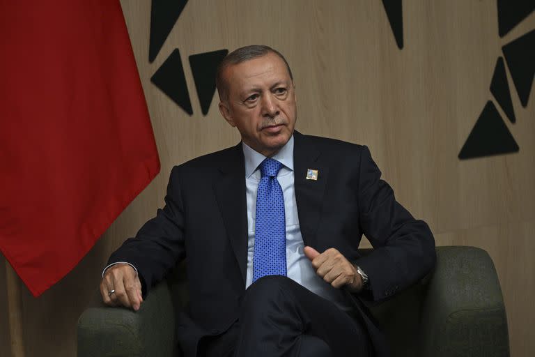 El presidente de Turquía, Recep Tayyip Erdogan, durante una reunión bilateral con el primer ministro británico al margen de una cumbre de la OTAN en Vilna, Lituania, el martes 11 de julio de 2023.