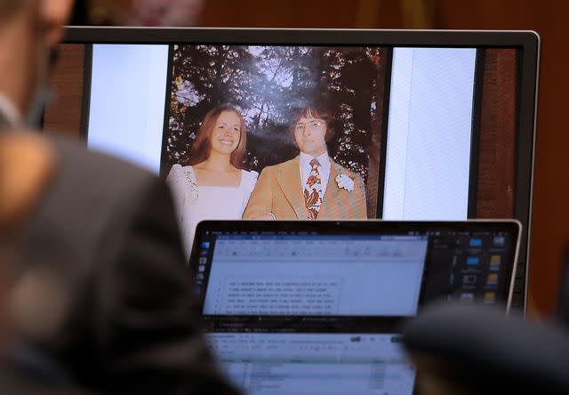 <p>Gary Coronado / Los Angeles Times / Getty</p> Robert Durst and Kathie McCormack on their wedding day in 1973 is shown while Robert Durst takes the stand and testifies in his murder trial on Aug. 9, 2021.