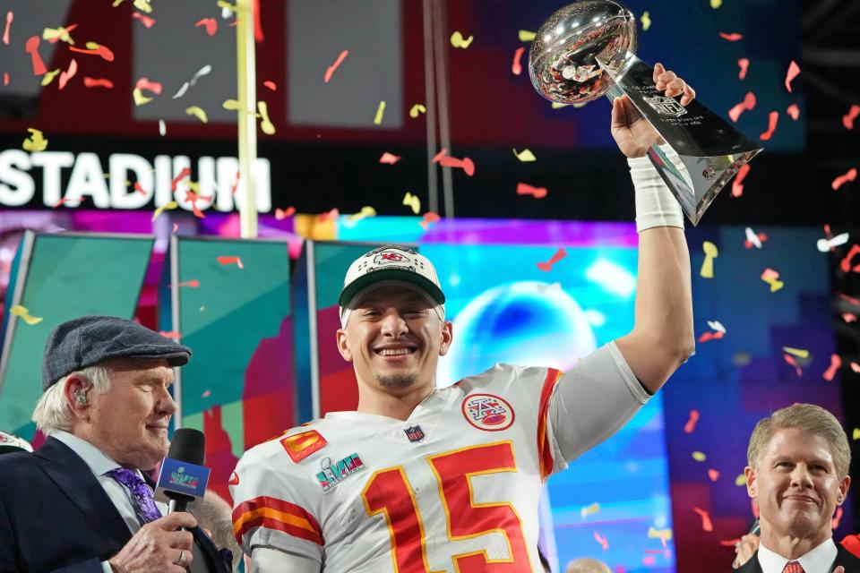 Patrick Mahomes holds the Vince Lombardi Trophy after the Kansas City Chiefs won Super Bowl LVII against the Philadelphia Eagles.
