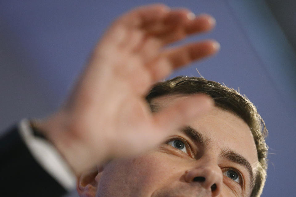 Democratic presidential candidate former South Bend, Ind., Mayor Pete Buttigieg gestures as he speaks at the Iowa State Education Association Candidate Forum, Saturday, Jan. 18, 2020, in West Des Moines, Iowa. (AP Photo/Patrick Semansky)