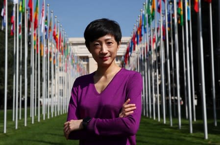 Hong Kong pro-democracy legislator Chan poses after her address to a session of the Human Rights Council at the United Nations in Geneva