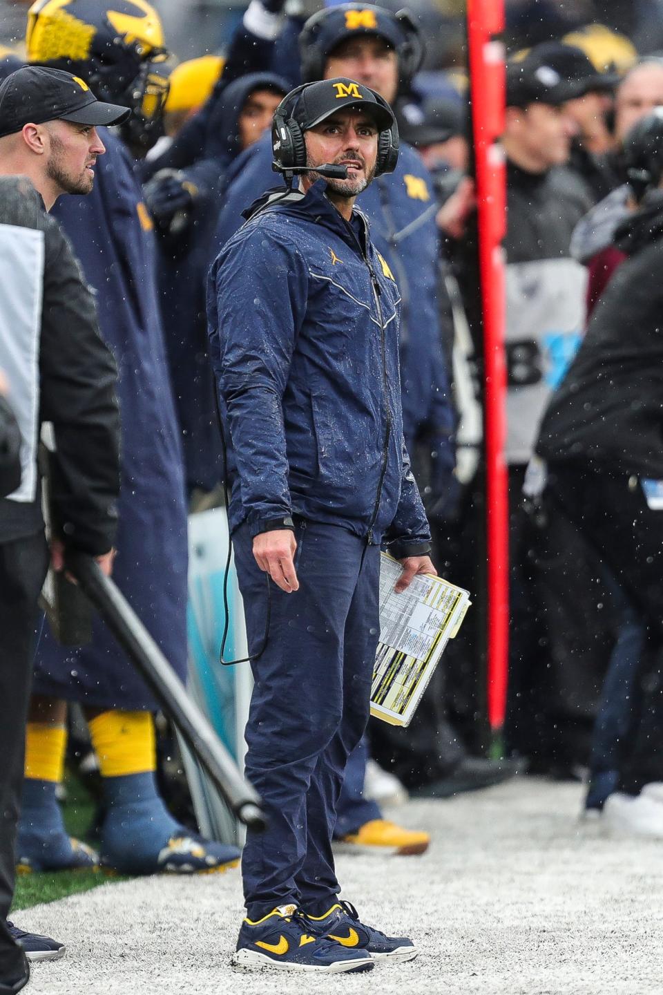 Michigan defensive coordinator Jesse Minter watches a play against Indiana during the second half of U-M's 52-7 win over Indiana on Saturday, Oct. 14, 2023, in Ann Arbor.