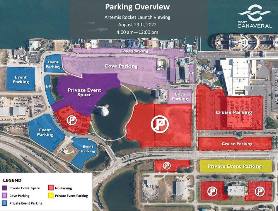 This map of Port Canaveral shows areas that will be open and closed to the public from 4 a.m. to noon Monday for NASA's Artemis I launch.