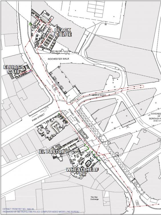 A diagram showing the route the London Bridge attackers walked and ran while stabbing people (Metropolitan Police)