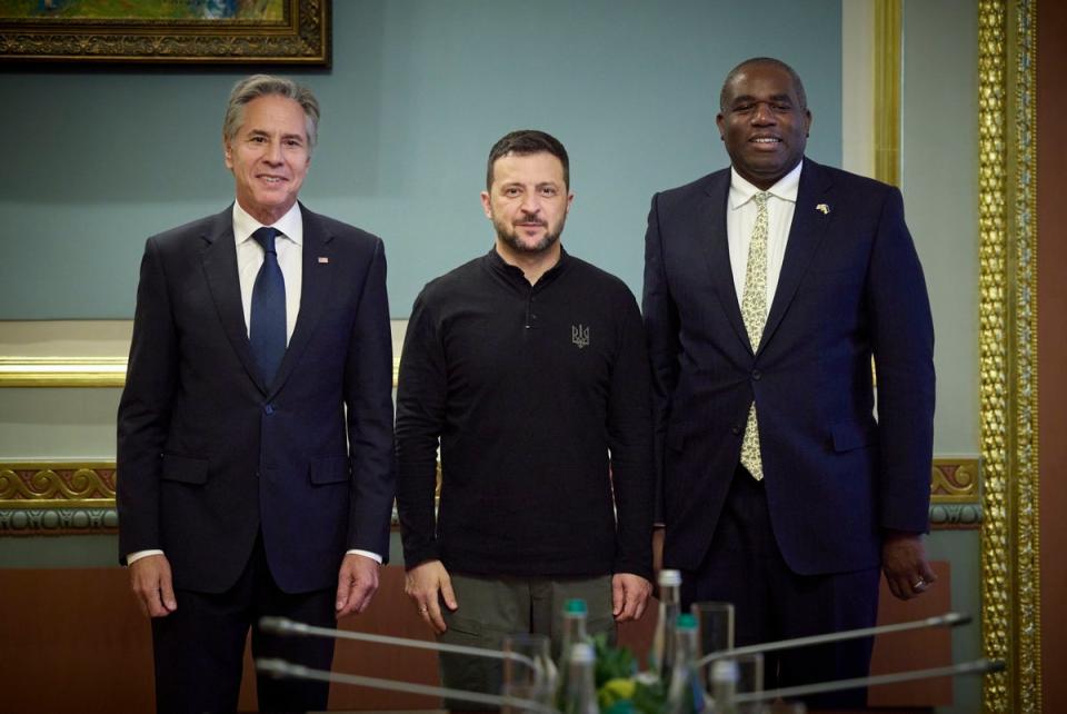 Zelensky, centre, with US secretary of state Antony Blinken, left, and British foreign secretary David Lammy, right, during a meeting in Kyiv, Ukraine (EPA)