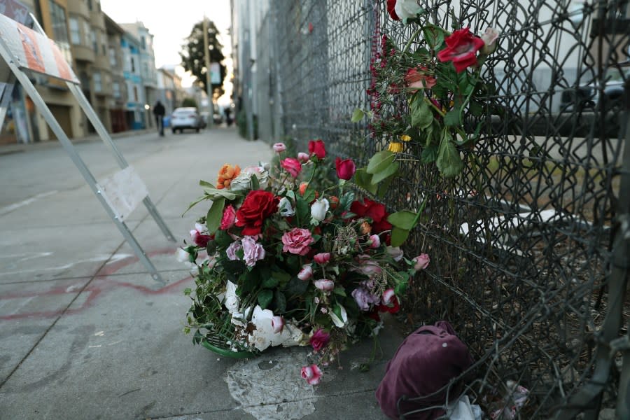 Flowers lay on a sidewalk where a 16-year-old girl died from an overdose on Minna Street in the SoMa neighborhood of San Francisco. (Scott Strazzante /San Francisco Chronicle via Getty Images)