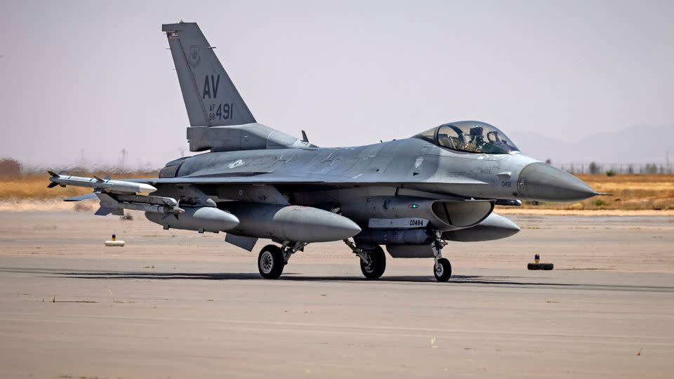 A US Air Force F-16 fighter jet lands at an airbase in Ben Guerir, about 58 kilometers (36 miles) north of Marrakesh, during the "African Lion" military exercise on June 14, 2021. - Fadel Senna/AFP/Getty Images/File