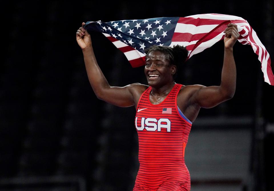 Tamyra Mensah-Stock (USA) celebrates after defeating Blessing Oborududu (NGR) in the women's freestyle 68kg final during the Tokyo 2020 Olympic Summer Games.