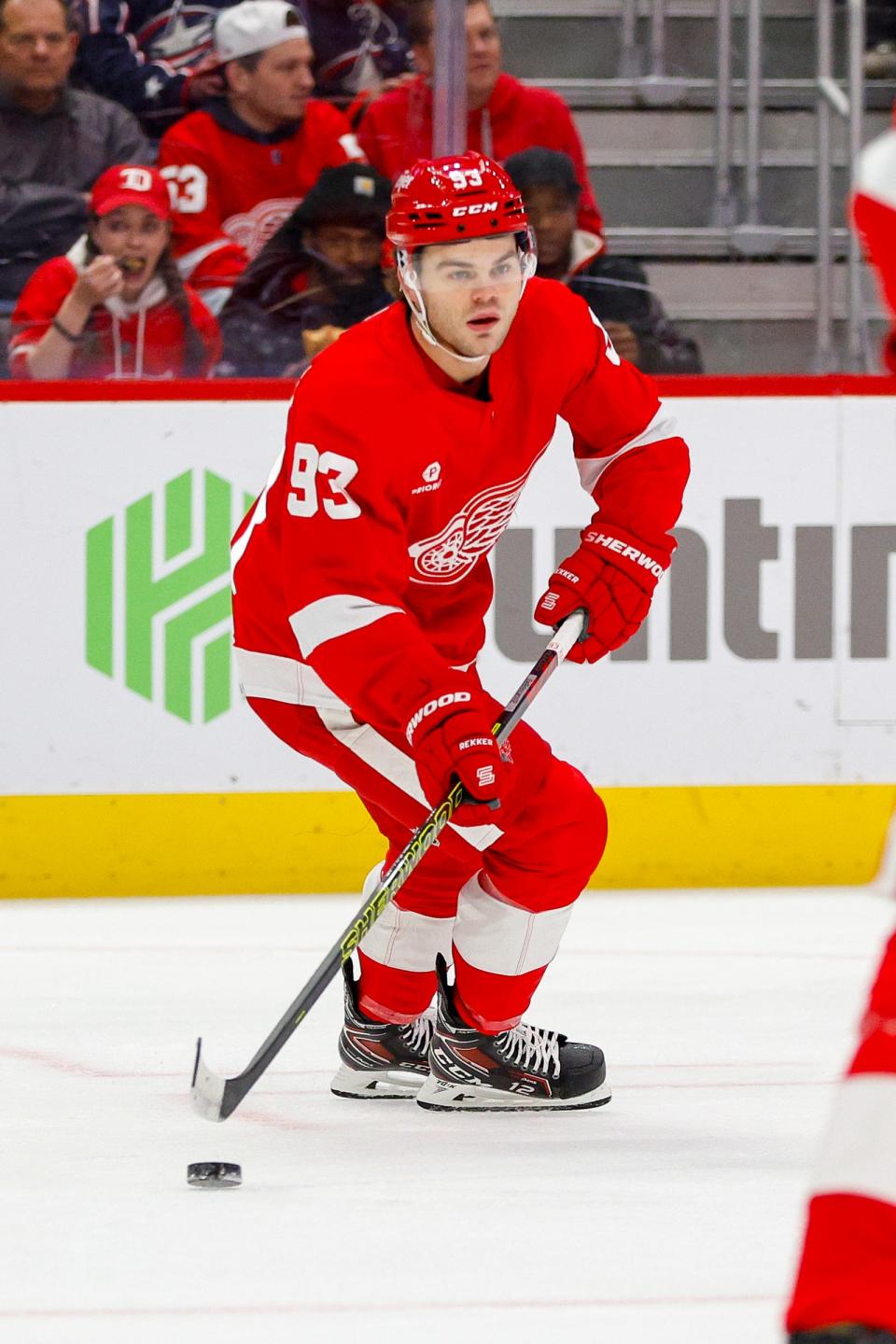Red Wings right wing Alex DeBrincat handles the puck during the first period on Tuesday, March 19, 2024, at Little Caesars Arena.