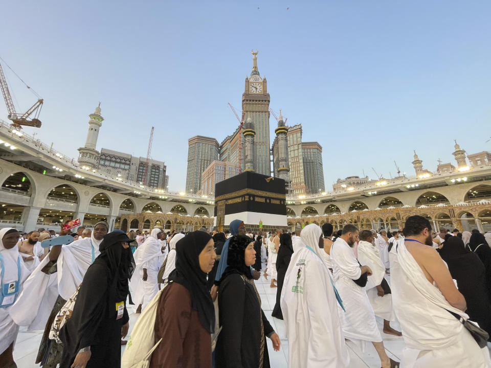 Muslim pilgrims circumambulate around the Kaaba, the cubic building at the Grand Mosque, during the annual hajj pilgrimage in Mecca, Saudi Arabia, Monday, June 26, 2023, before heading to Mina in preparation for the Hajj, the fifth pillar of Islam and one of the largest religious gatherings in the world. (AP Photo/Amr Nabil)