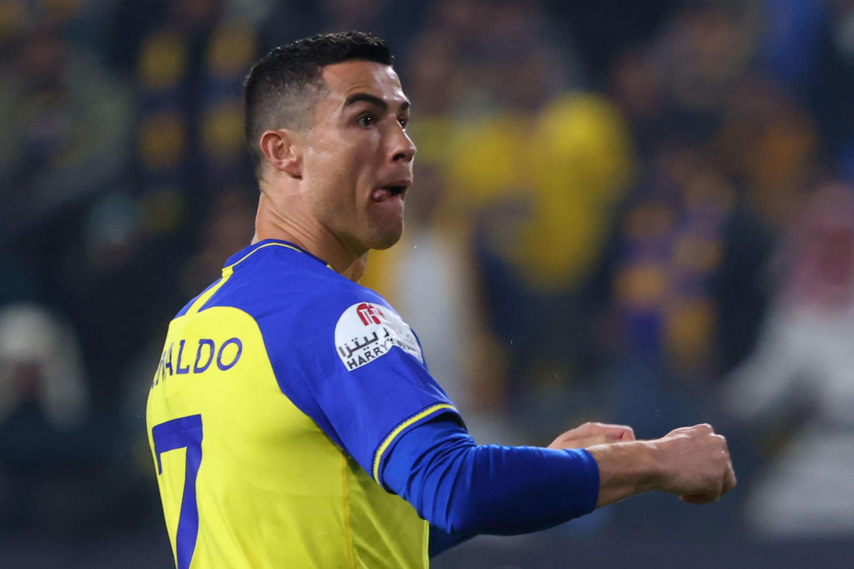 Nassr's Portuguese forward Cristiano Ronaldo looks on during the Saudi Pro League football match between Al-Nassr and Al-Ettifaq at the King Fahd Stadium in the Saudi capital Riyadh on January 22, 2023. (Photo by Fayez NURELDINE / AFP)