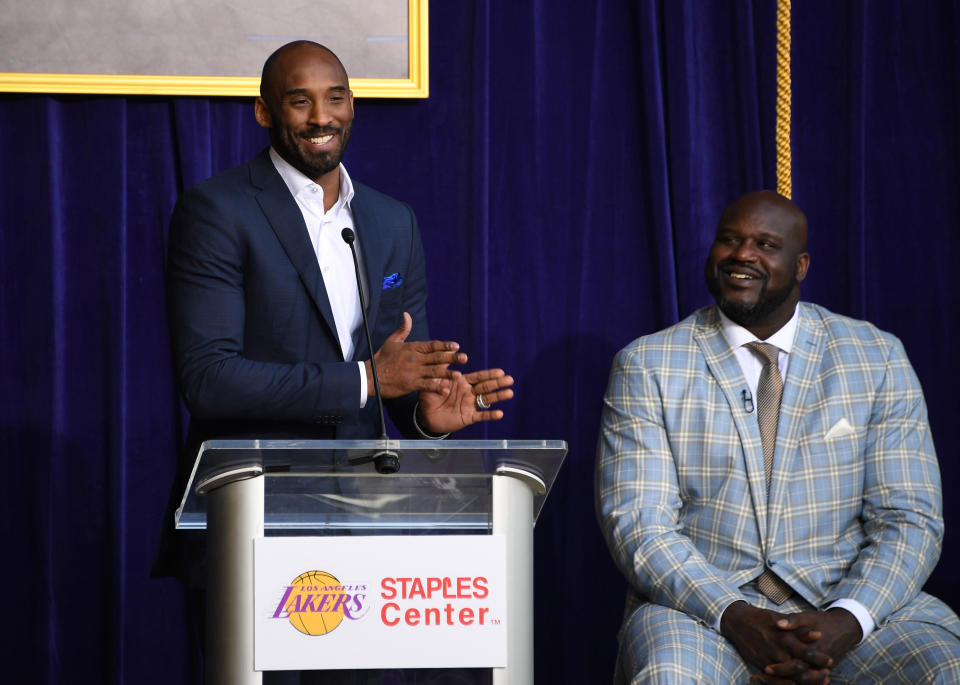 Bryant speaks during ceremony to unveil statue of Los Angeles Lakers former center Shaquille O'Neal at the Staples Center on Mar 24, 2017.  (Photo: USA Today Sports/Reuters)