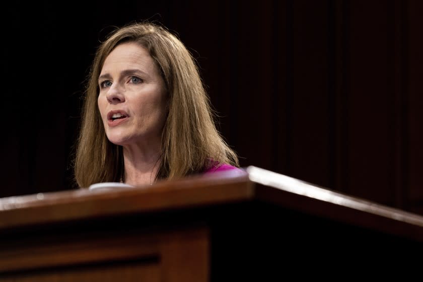 Supreme Court nominee Amy Coney Barrett speaks during her Senate Judiciary Committee confirmation hearing on Capitol Hill in Washington, Monday, Oct. 12, 2020. (Erin Schaff/The New York Times via AP, Pool)