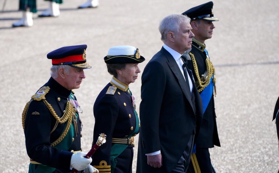 King Charles III, the Princess Royal, the Duke of York and the Earl of Wessex walk behind Queen Elizabeth II's coffin during the procession from the Palace of Holyroodhouse to St Giles' Cathedral - Jon Super 