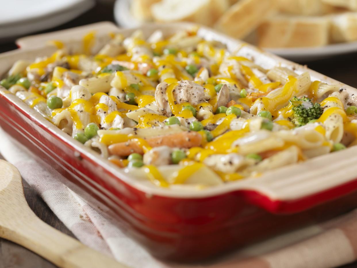 Creamy Baked Chicken and Penne Casserole with Carrots and Peas -Photographed on Hasselblad H3D-39mb Camera