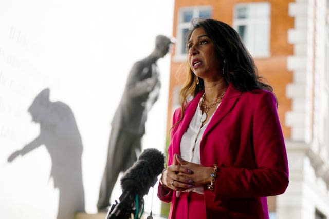 Former home secretary Suella Braverman speaking to the media outside BBC Broadcasting House in London after appearing on the BBC One current affairs programme Sunday With Laura Kuenssberg